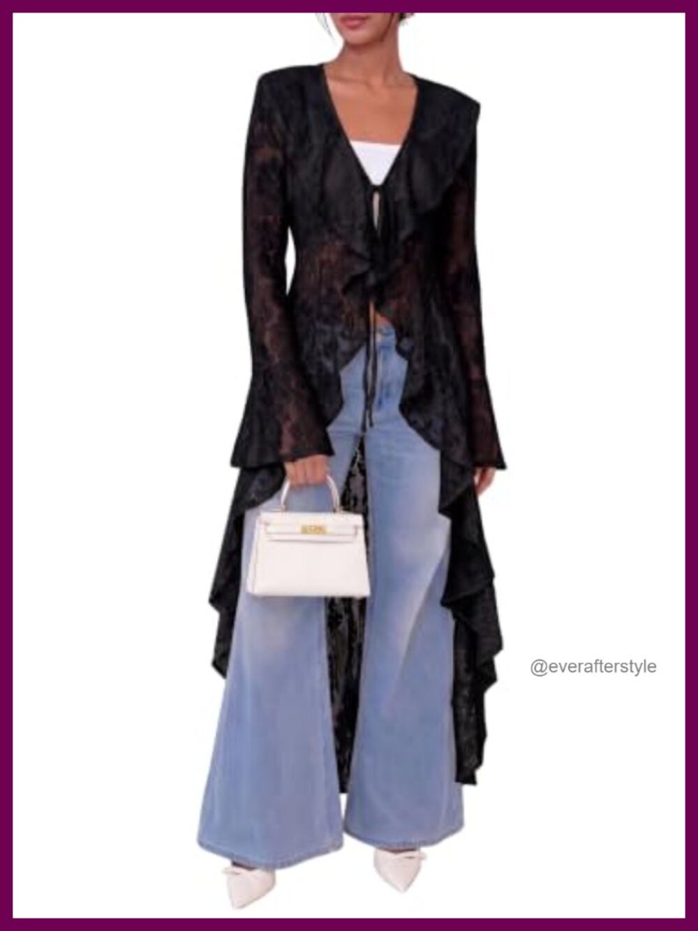 Lace Maxi Duster Cardigan Open Tie Front Bell Sleeve Cover Up